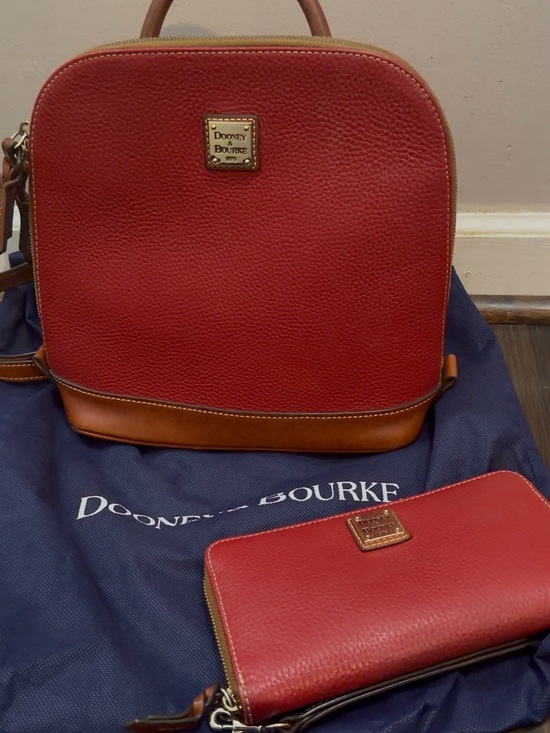 Dooney & Bourke Handbags - Dooney & Bourke Red Pebbled Leather Backpack with Tan Trim